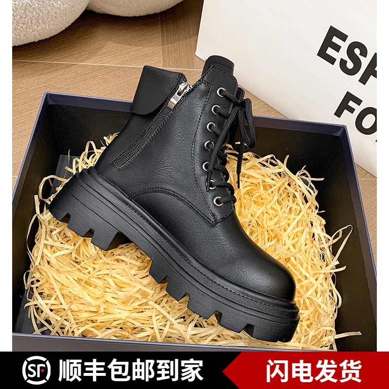 百搭休闲时尚马丁靴女加绒厚底短靴棕色百搭双拉链复古春秋单靴子