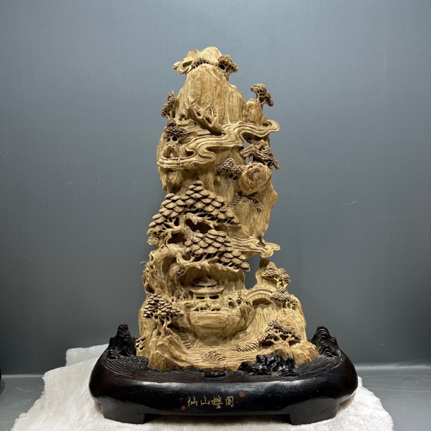 仙山阁楼加里曼丹木雕摆件玄幻书房客厅装饰艺术品手工