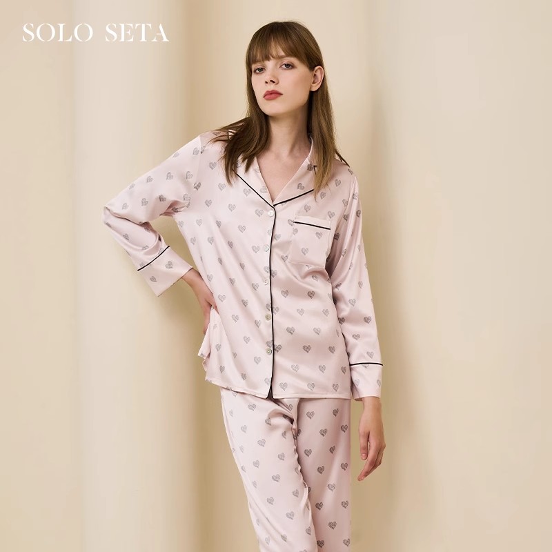 Soloseta桑蚕丝粉色女士丝绸睡衣长袖长裤套装爱心印花简约甜蜜