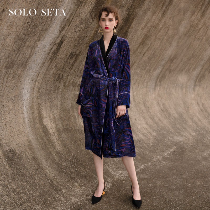 Solo seta可外穿奢华丝绒睡袍印花系带中长款浴袍睡衣女士家居服