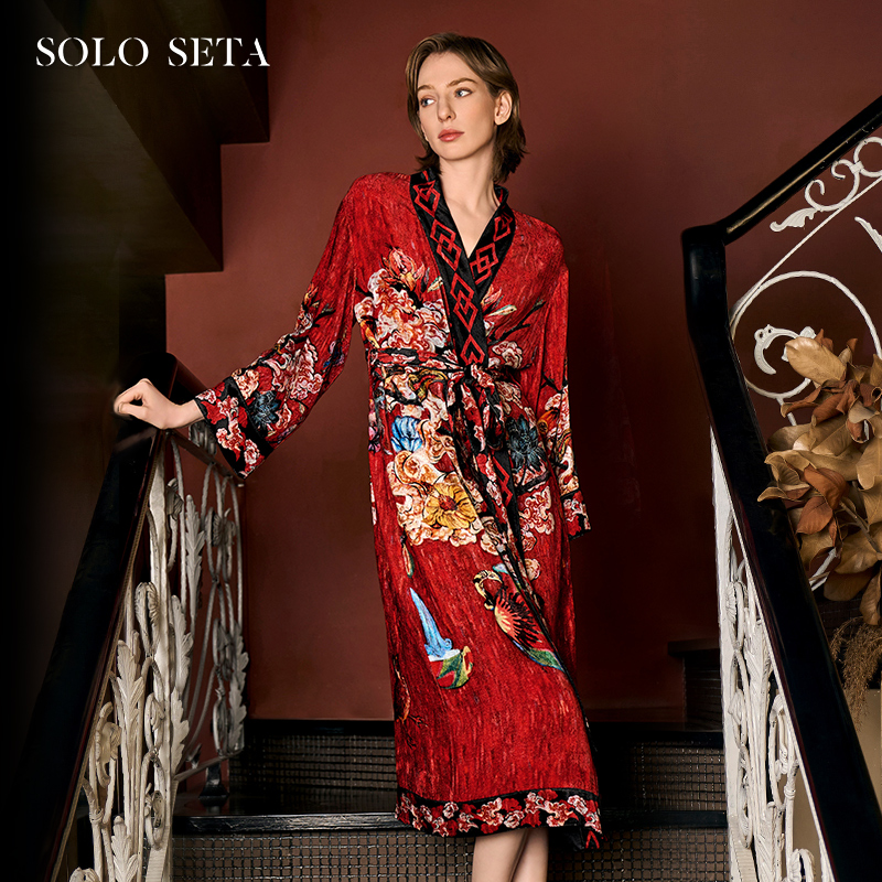 Solo seta女士丝绒睡袍高级感长款桑蚕丝印花浴袍可外穿家居服