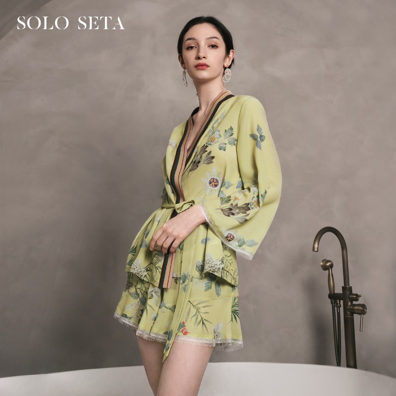 Solo seta真丝睡衣女套装长袖短裤丝绸家居服情人节外穿秋冬款