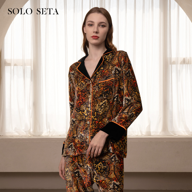 Solo seta女士丝绒睡衣套装长袖家居服加厚秋冬奢华可外穿两件套