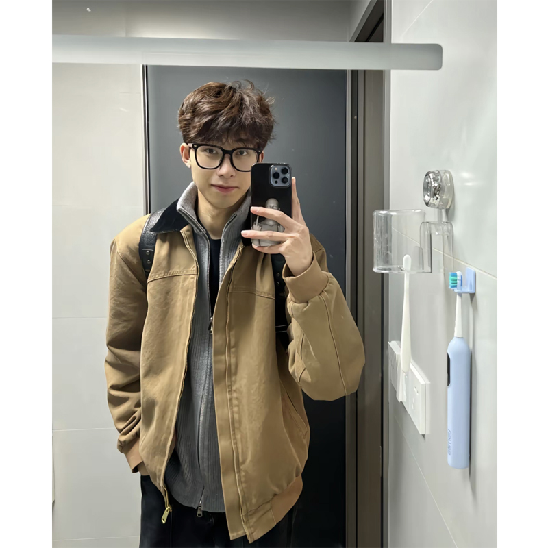 深卡其色秋季外套男美式复古vintage底特律工装夹克潮牌翻领上衣