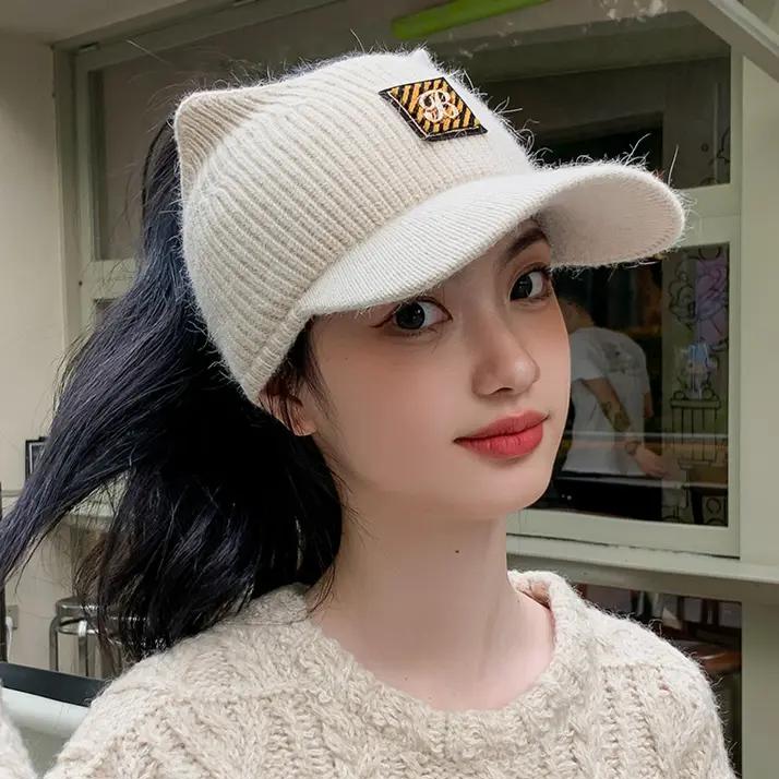 2023新款帽子女秋冬季时尚洋气针织毛线帽空顶可扎高马尾鸭舌帽