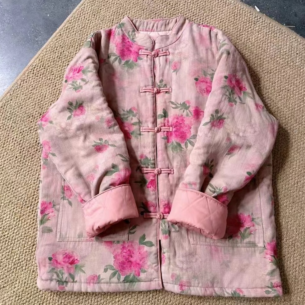 2024秋冬棉麻棉服加厚新中式国风外套晕染盘扣文艺复古棉衣