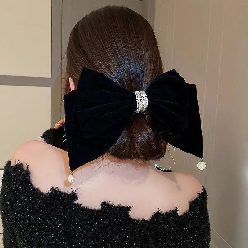 黑色丝绒蝴蝶结发夹2023年新款网红发卡后脑勺秋冬复古气质头饰女