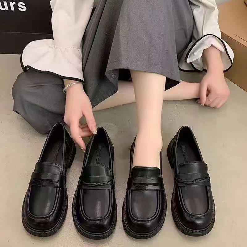 早秋薄底乐福鞋软底软面舒适时尚休闲百搭女士黑色厚底英伦风