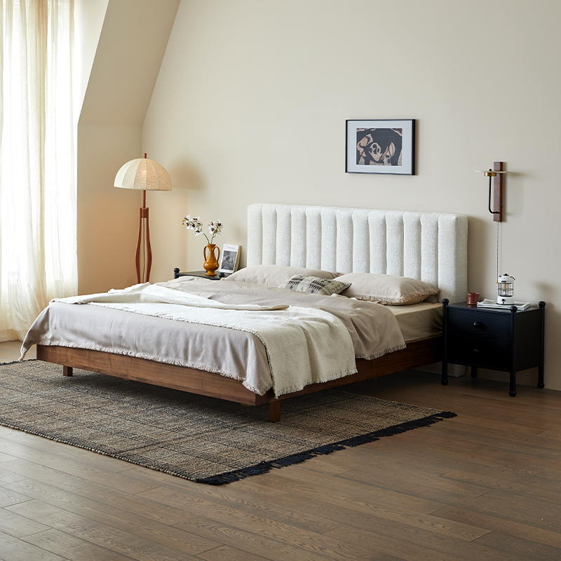 思纳博暖山床侘寂风雪尼尔绒布艺床主卧1.8实木大床奶油风实木床