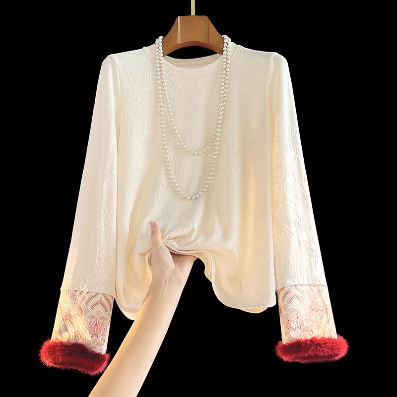 中国风提花长袖女秋冬新款水貂毛拼接新中式上衣