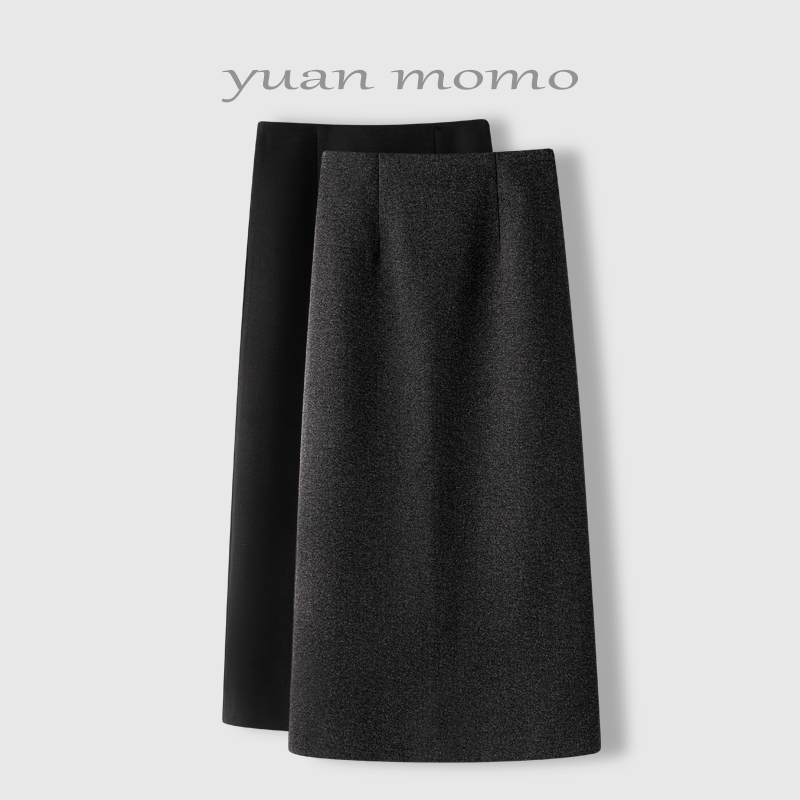 【钱星尧】黑色毛呢半身裙女秋冬高腰显瘦百搭中长款A字包臀裙23207