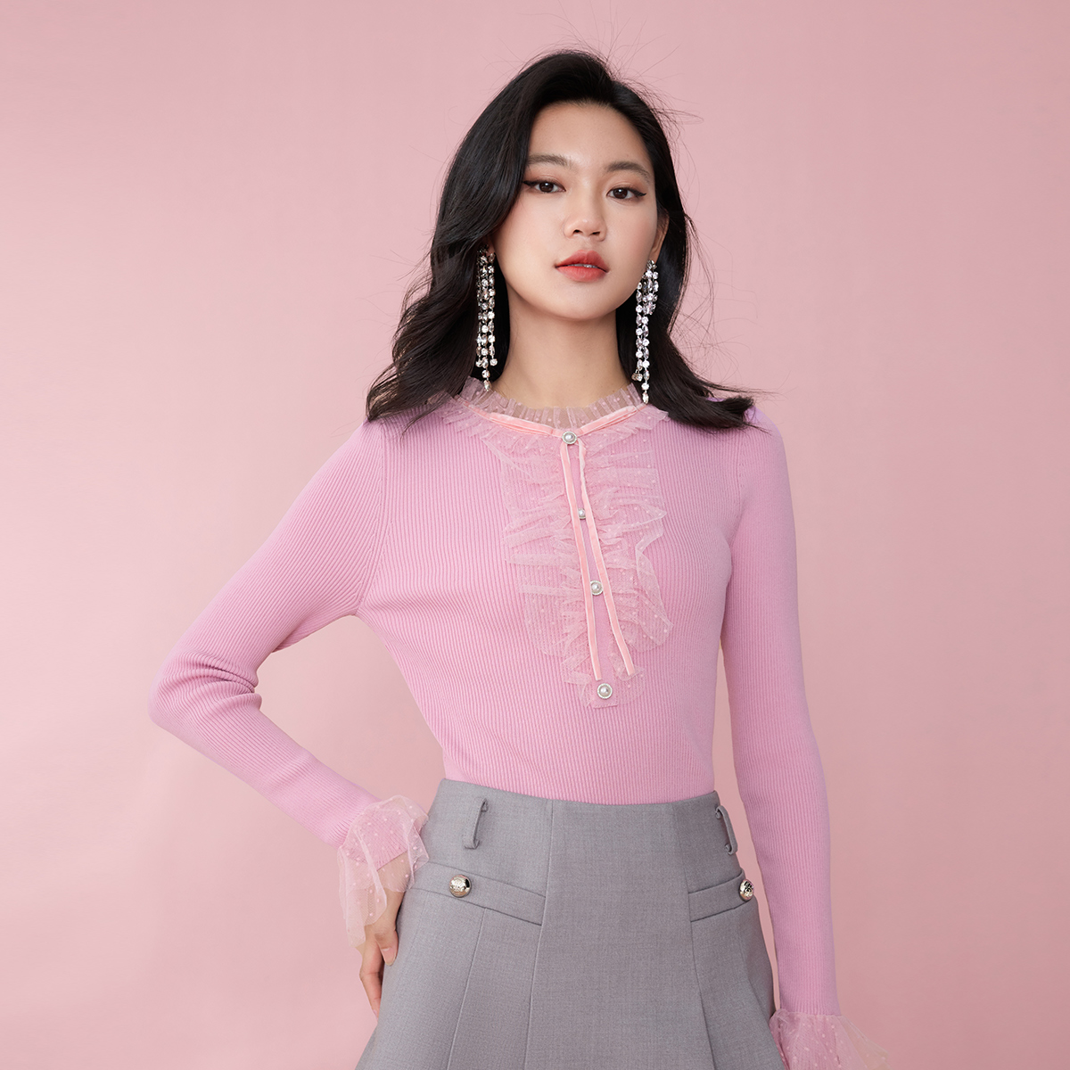 EVA OUXIU/伊华欧秀长袖时尚百搭修身气质秋冬圆领毛衫43WZM5212