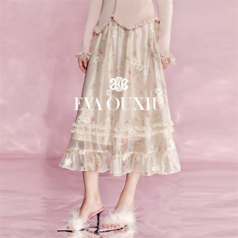 EVA OUXIU/伊华欧秀蕾丝碎花显瘦法式高腰百褶女装裙子43WAQ5034