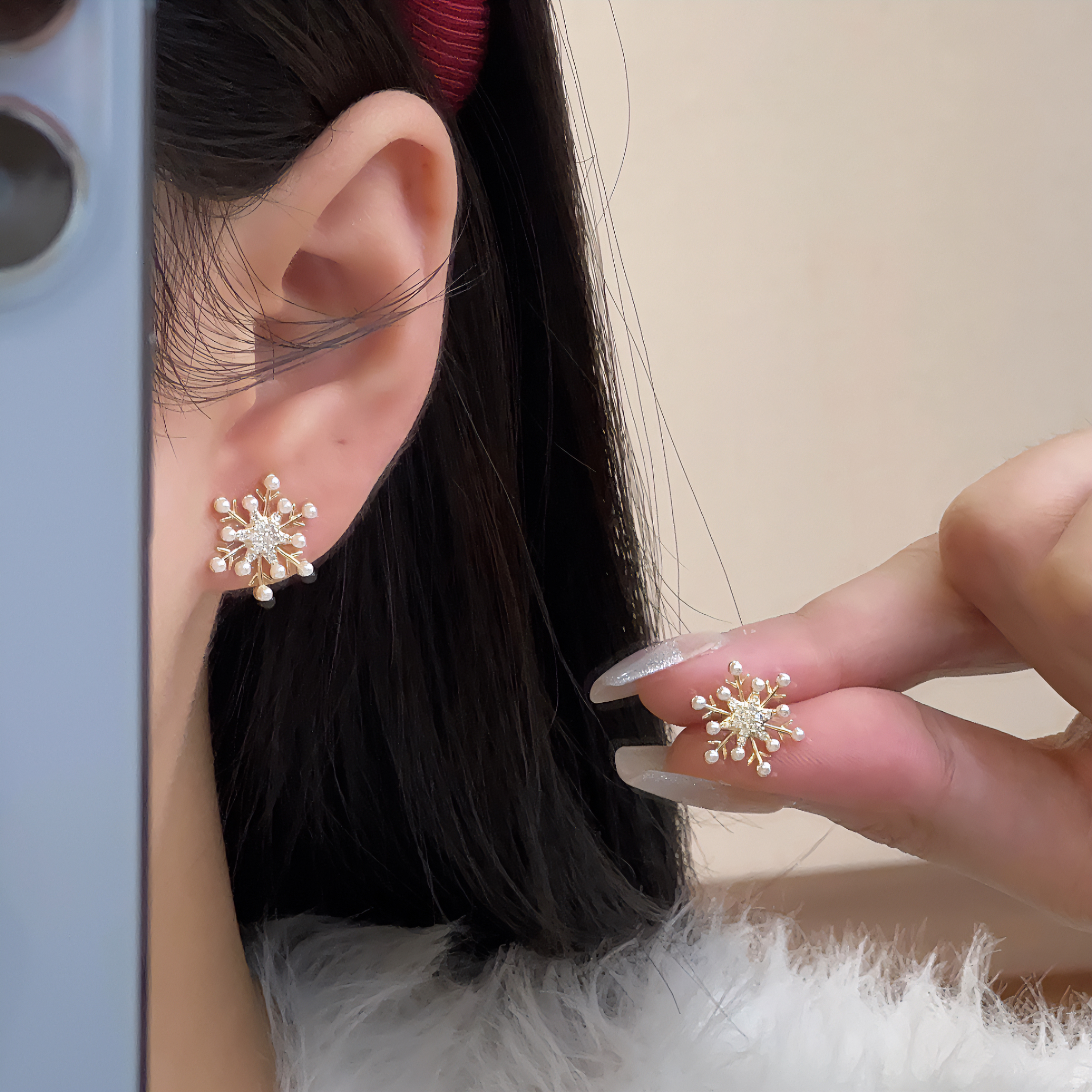 铜合金耳饰 【恰度】氛围感雪花珠珠耳钉0209