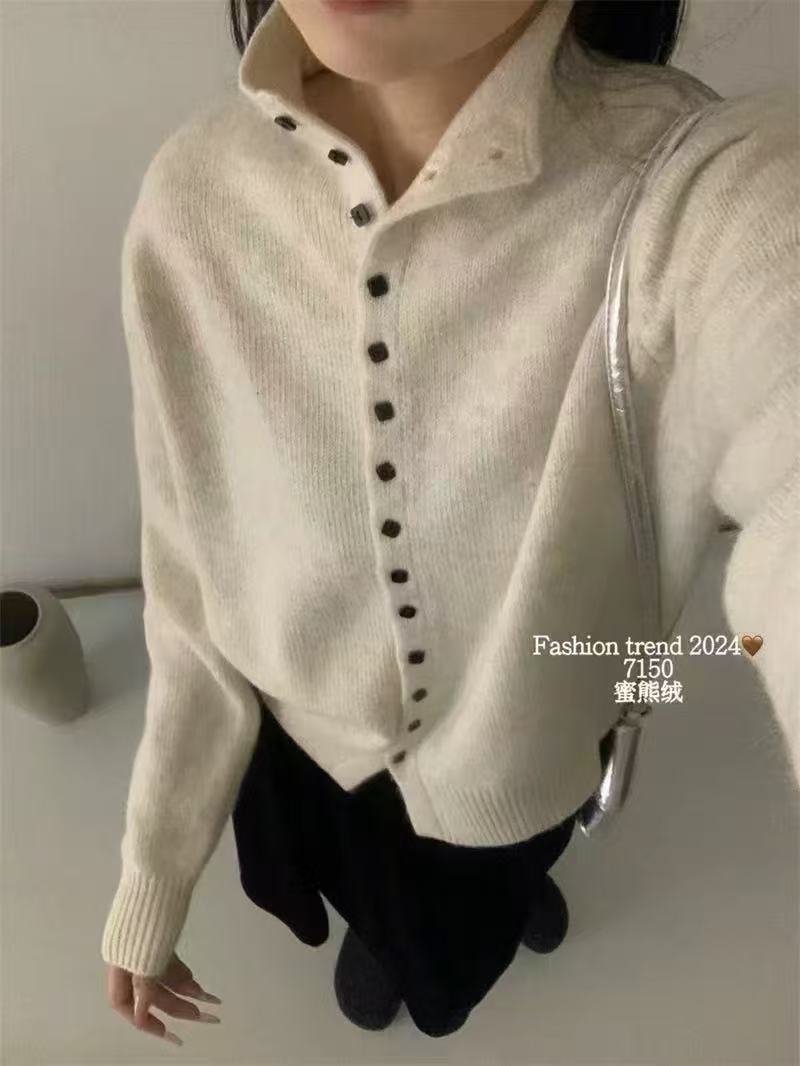 【蜜熊绒】软糯半高领单排扣长袖针织开衫外套女毛衣外搭上衣