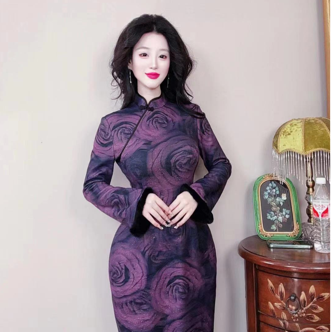 唯艳【露水玫瑰】加绒加厚秋长袖冬复古气质中国风改良旗袍