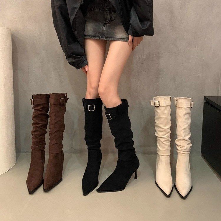 尖头高跟长靴女秋冬季2024新款欧美细跟不过膝长筒靴子褶皱堆堆靴