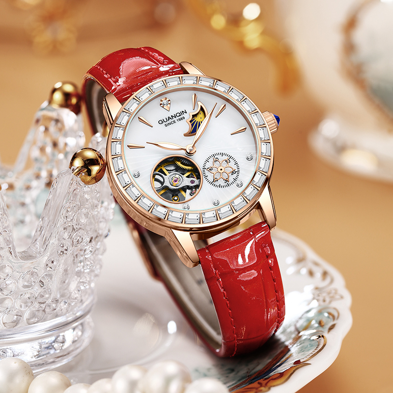GUANQIN/冠琴手表女款机械表气质小众镶钻防水时尚轻奢手表女士