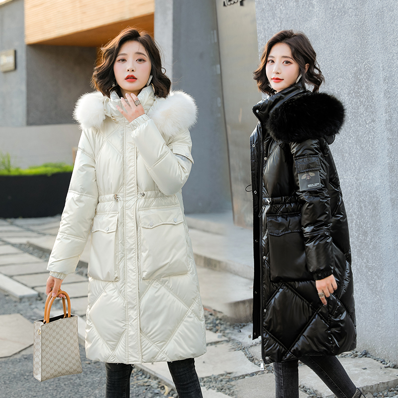百搭加厚外穿洋气亮面免洗棉服女长款韩版棉衣仙女棉袄外套大毛领