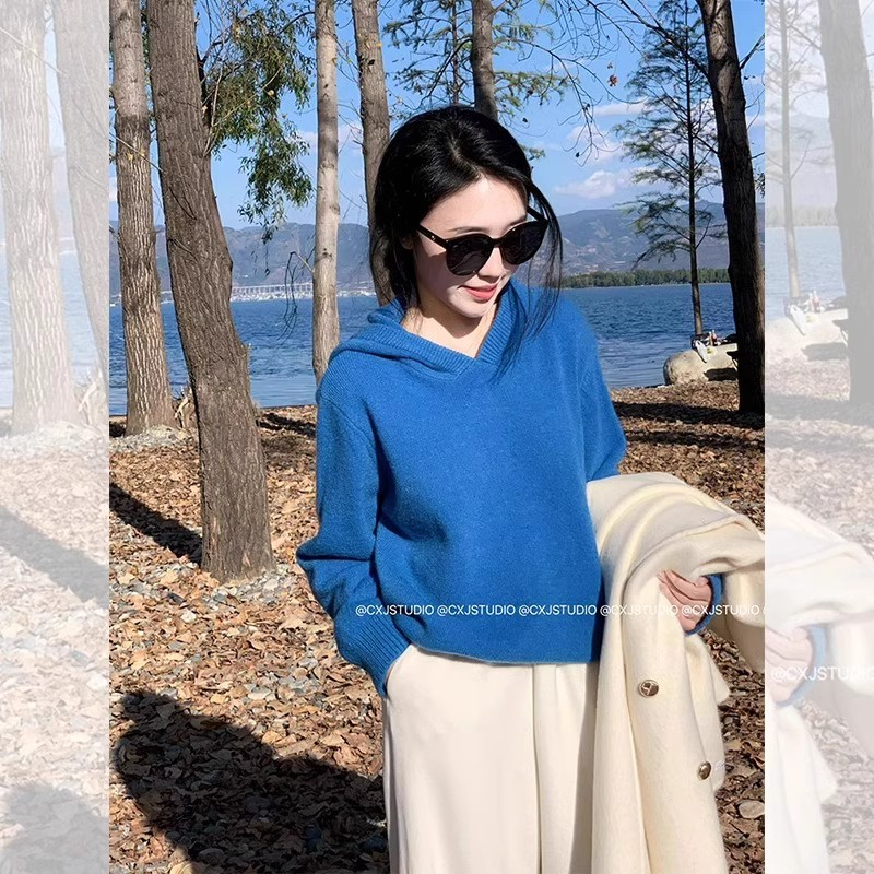 克莱因蓝连帽针织打底衫毛衣女秋冬新款慵懒韩系内搭宽松套头上衣