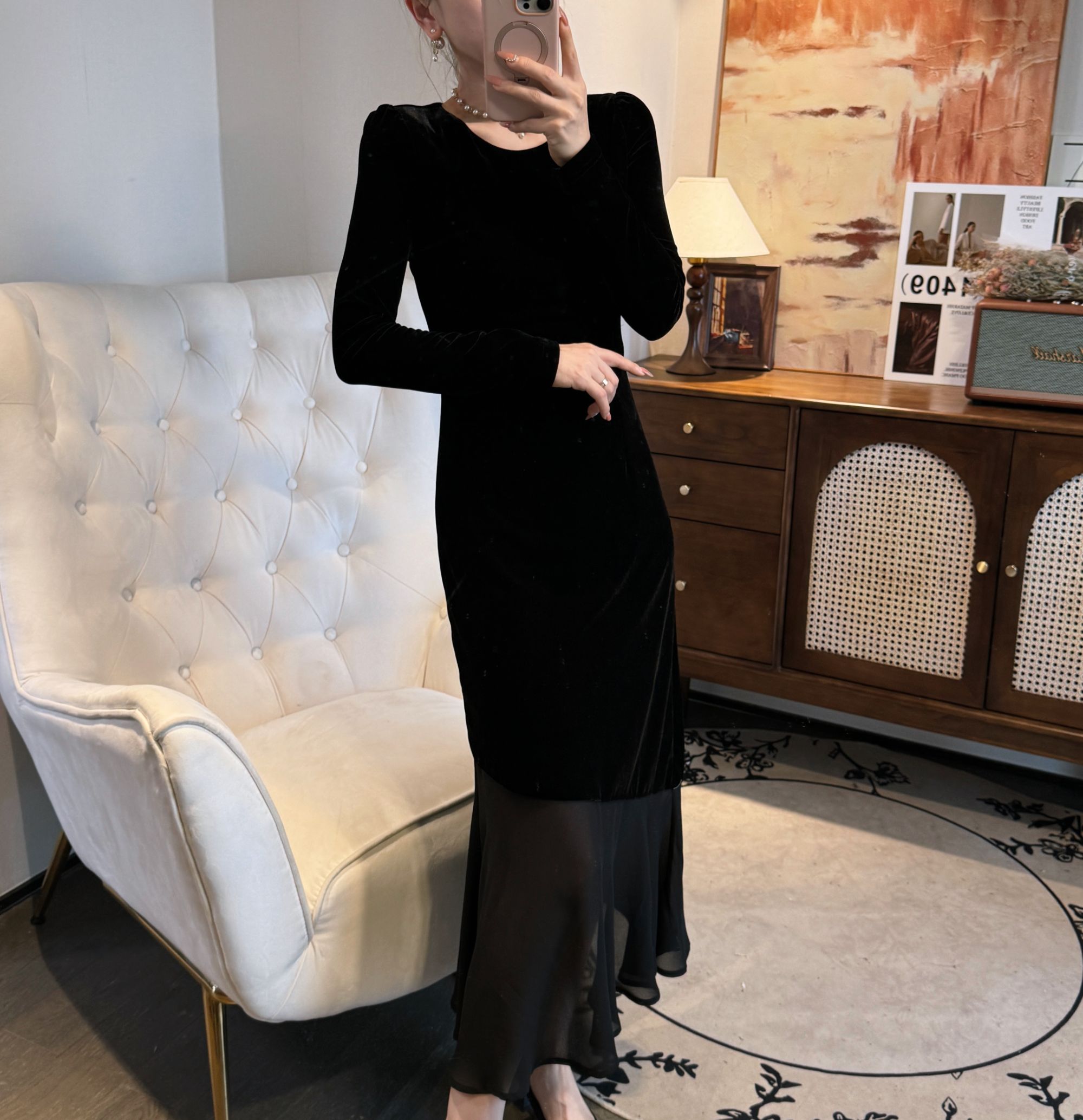 C273 月光华尔兹 秋冬显瘦气质长款修身丝绒连衣裙ZJ