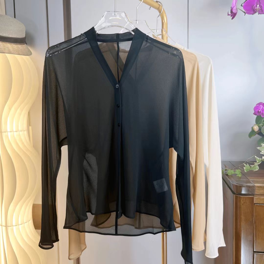 乔其纱防晒气质衬衫上衣优雅复古微透视V领百搭显瘦通勤女士打底