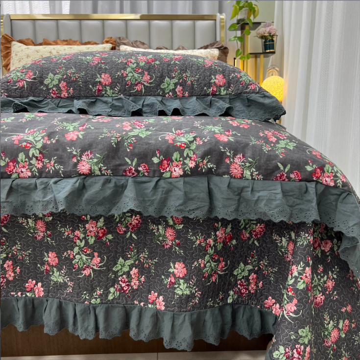 法式全棉被套棉花床盖四件套酵素砂洗纯棉加厚夹棉绗缝床盖三件套