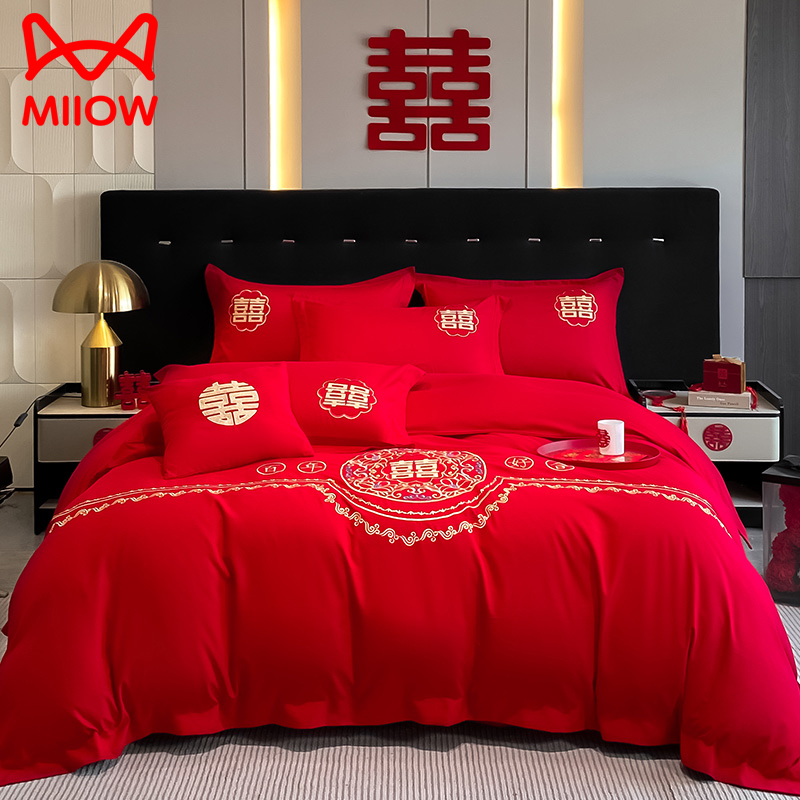 猫人中式结婚四件套婚房喜被大红色婚庆床单被套罩高级感新婚床品