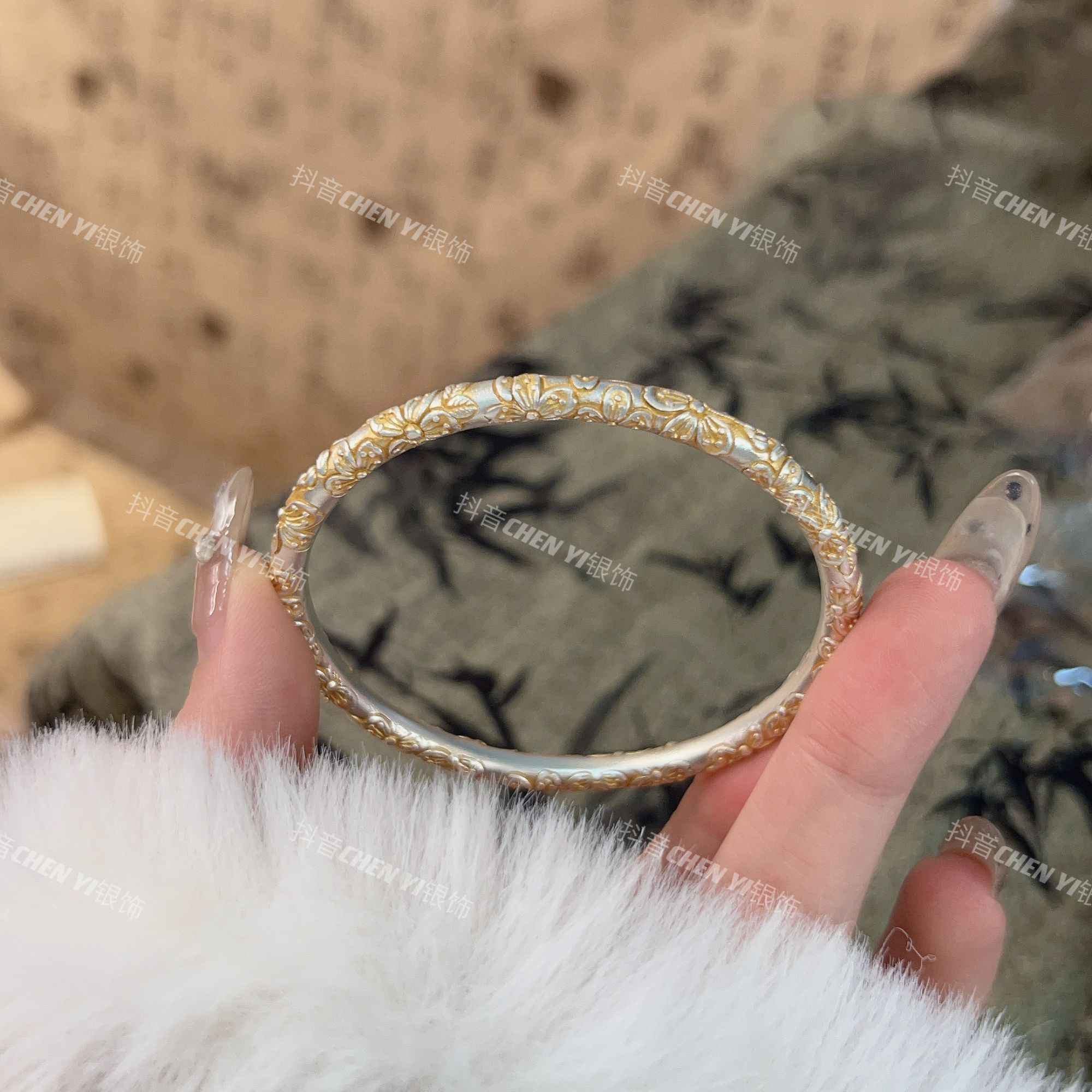 足银手镯 银饰足银999.9【樱花落】24K描金原创满圈闭口