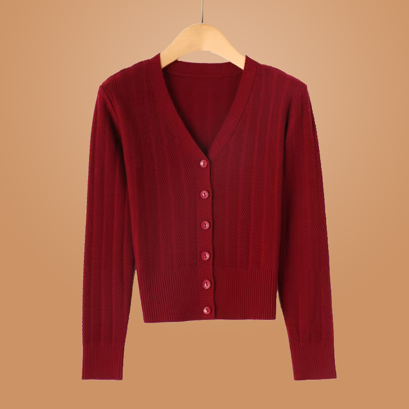 v领针织短款纯色长袖开衫上衣外套女装休闲时尚百搭外穿洋气外搭