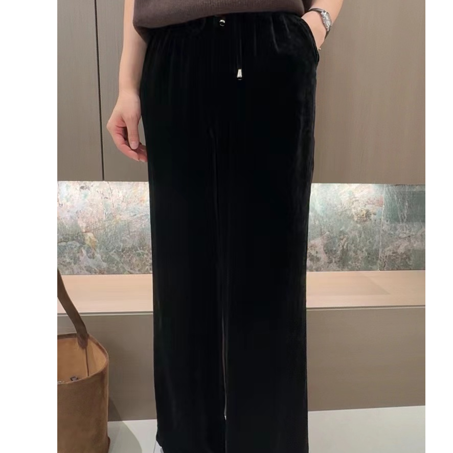 显瘦百搭丝绒宽松垂坠舒适炸街阔腿裤高腰松紧系带长休闲裤