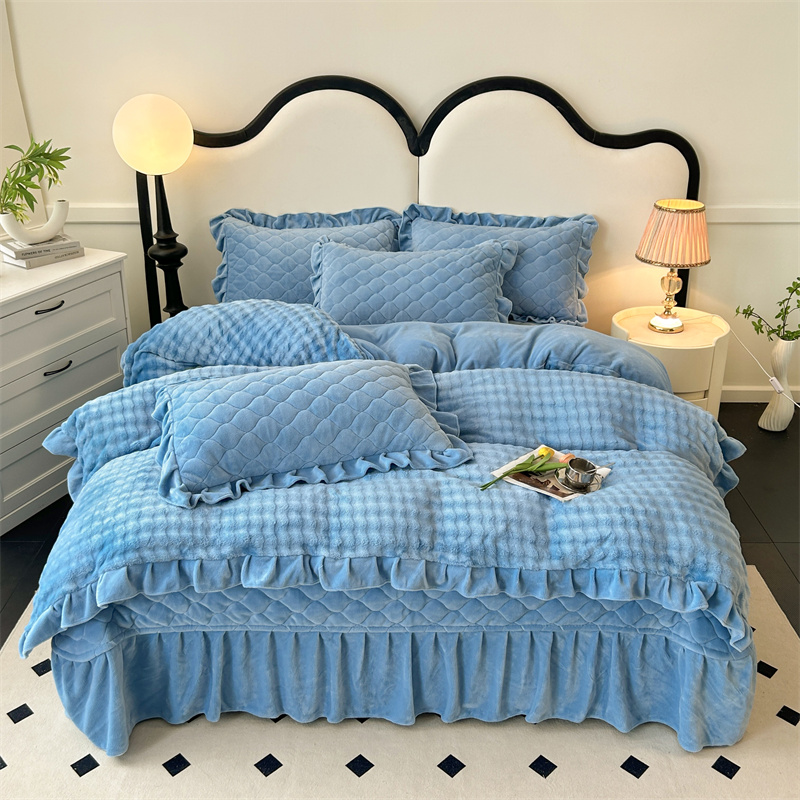 牛奶绒夹棉床盖四件套 纯色泡泡加厚保暖床盖夹棉款 冬季加绒床品