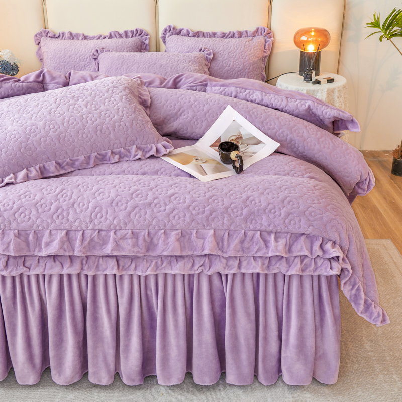 牛奶绒床笠款床裙四件套 冬季加厚夹棉床笠款床裙式 纯色公主风