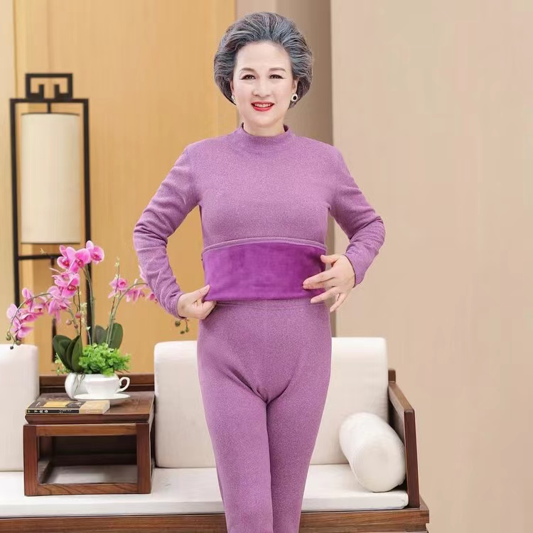 中老年人保暖衣套装女奶奶冬装妈妈加绒加厚打底衫老太太纯色毛衣