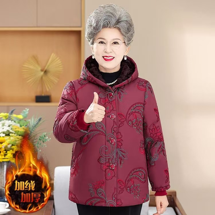 927妈妈冬装连帽外套加绒加厚棉服中老年人女棉袄奶奶保暖外套