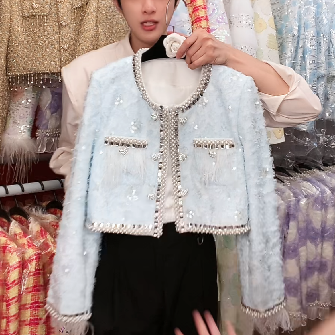 碧落海秋季新款蓝色轻奢重工高级感设计师百搭2024女装小香风外套