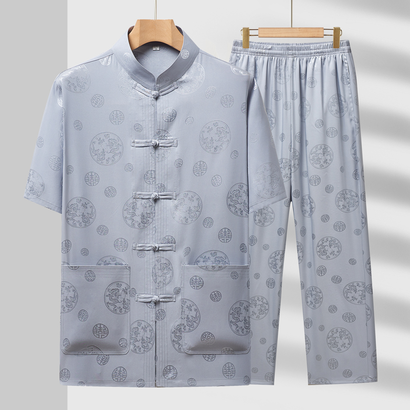 唐装夏季男款中国风冰丝短袖衣服大码套装新中式唐装中老年爸爸装