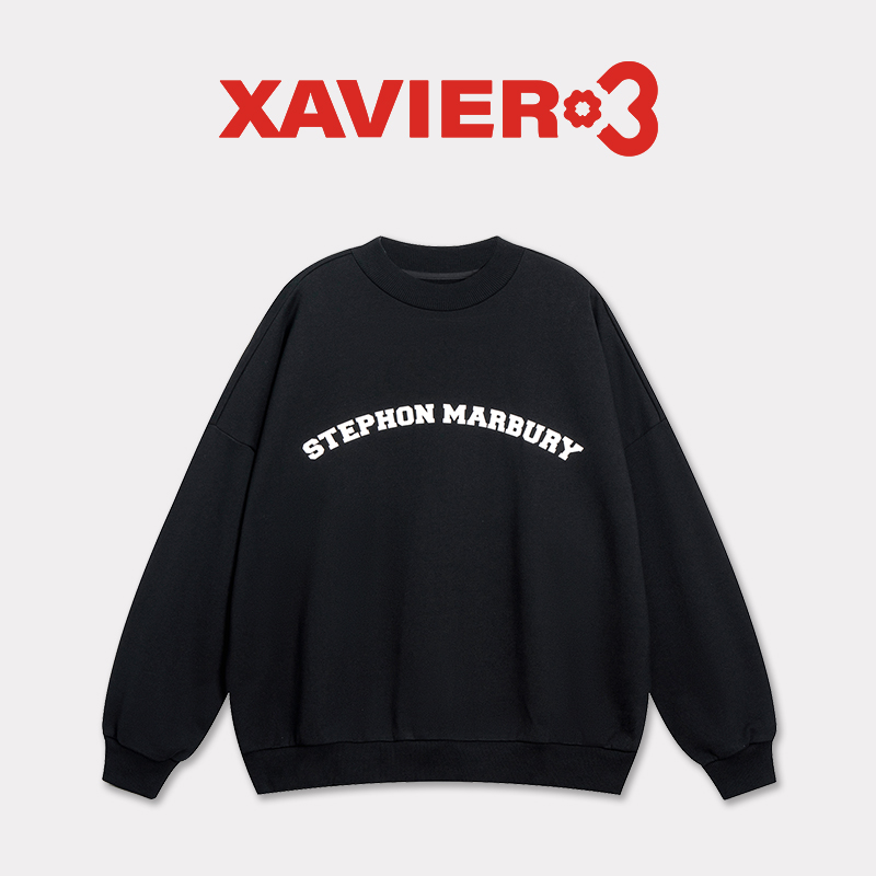 Xavier3加一二三圆领卫衣男女字母印花重磅宽松春季百搭情侣款