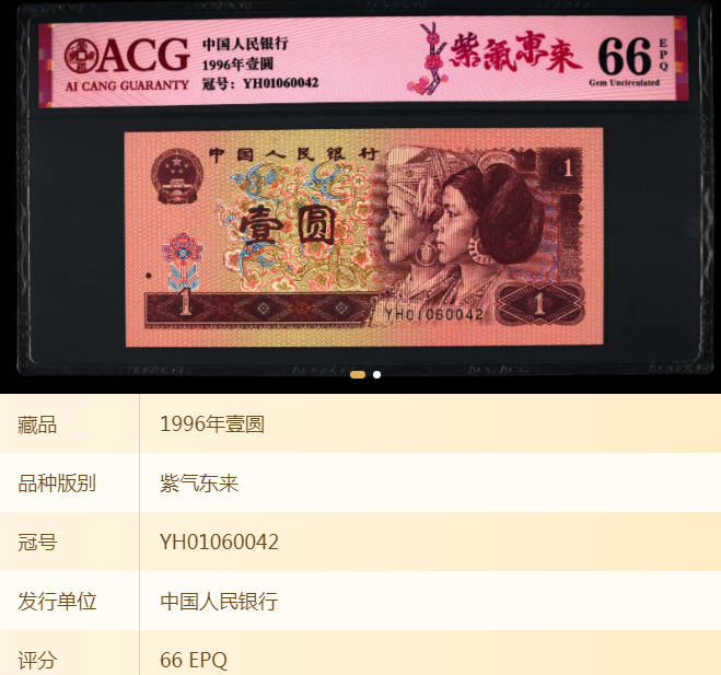 【紫气东来】1996年壹圆 爱藏评级认证 纸钞 不挑号 号码仅供参考 L