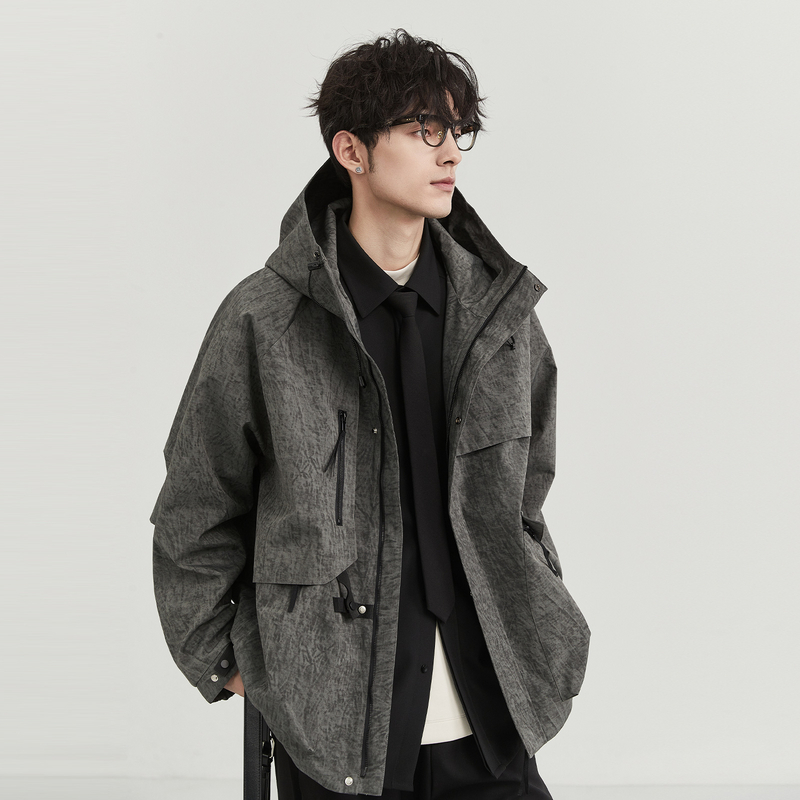 BJZE春秋休闲男士连帽茄克宽松潮流毛呢中长款冲锋衣外套B431765