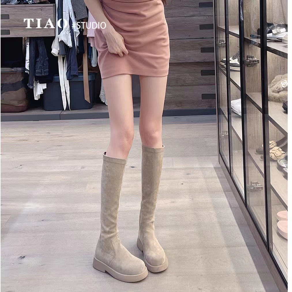 2024秋冬新款厚底洋气瘦瘦靴后拉链平底骑士靴弹力绒面长筒靴子女