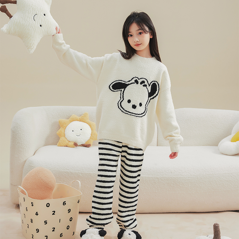HANYOU亲子秋冬半边绒睡衣套装长袖中大童家居服JG019