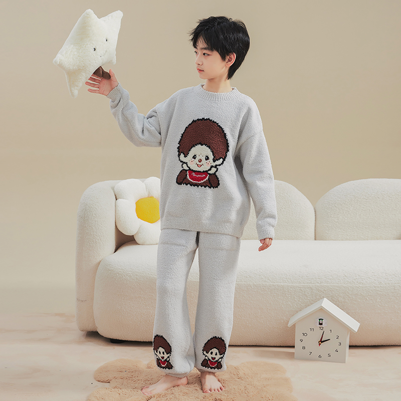 Monchhichi亲子秋冬半边绒睡衣套装长袖中大童家居服JG033