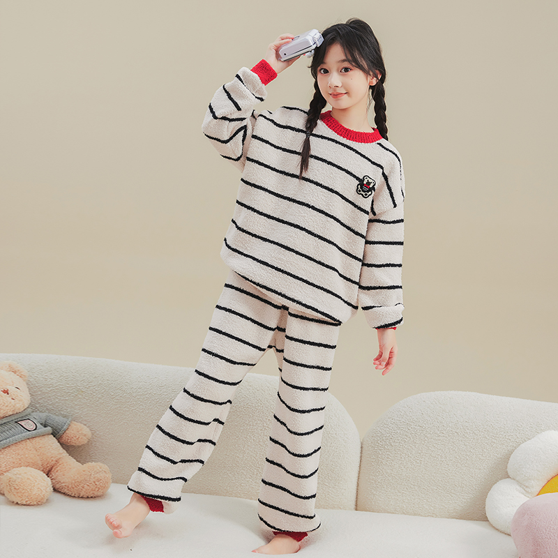 HANYOU亲子秋冬【小熊松饼】套头半边绒睡衣套装中大童家居服JG010