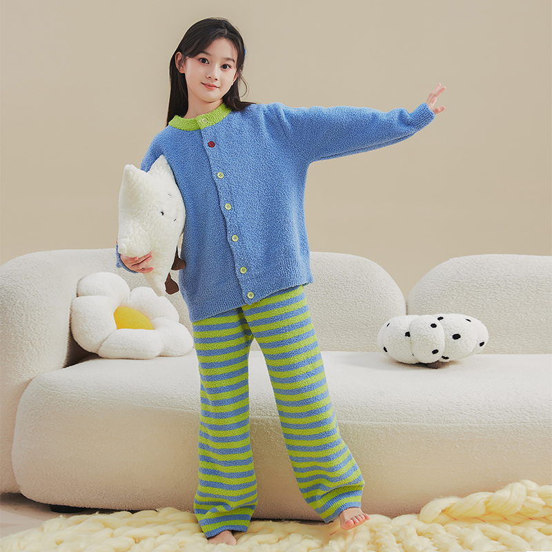 HANYOU亲子【冬日调色盘】半边绒睡衣套装开衫中大童家居服JG039