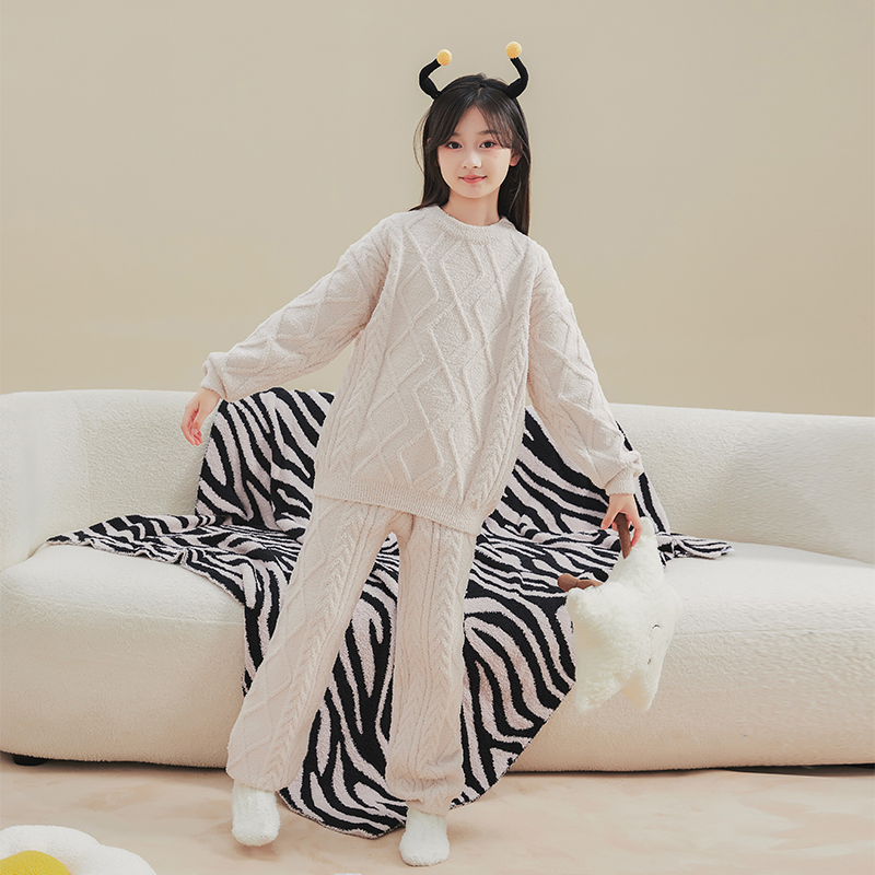 HANYOU亲子秋冬【燕麦拿铁】套头半边绒睡衣套装中大童家居服JG008