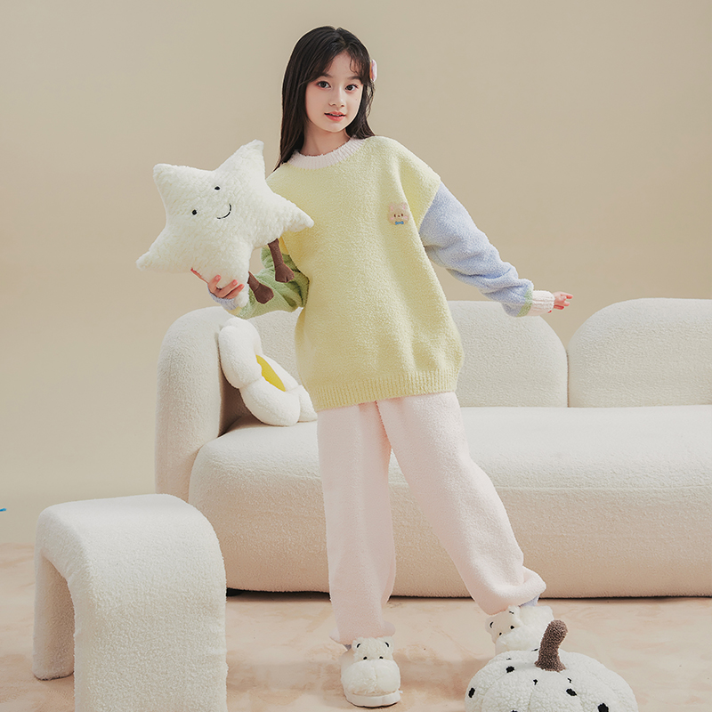 HANYOU亲子秋冬【糖果马卡龙】半边绒睡衣套装中大童家居服JG021