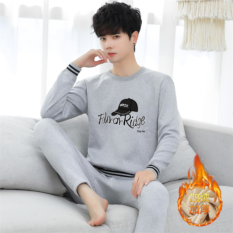 青少年学生圆领秋衣秋裤保暖打底衫男士保暖内衣套装加绒加厚秋衣