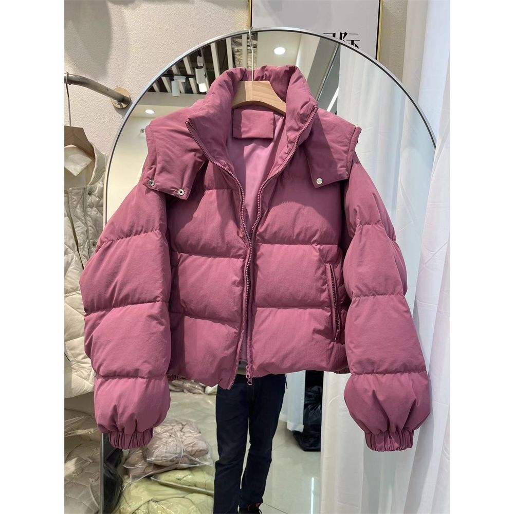 2023秋冬装新款面包服女棉服韩版时尚玫粉加厚短款脱卸帽外套潮流