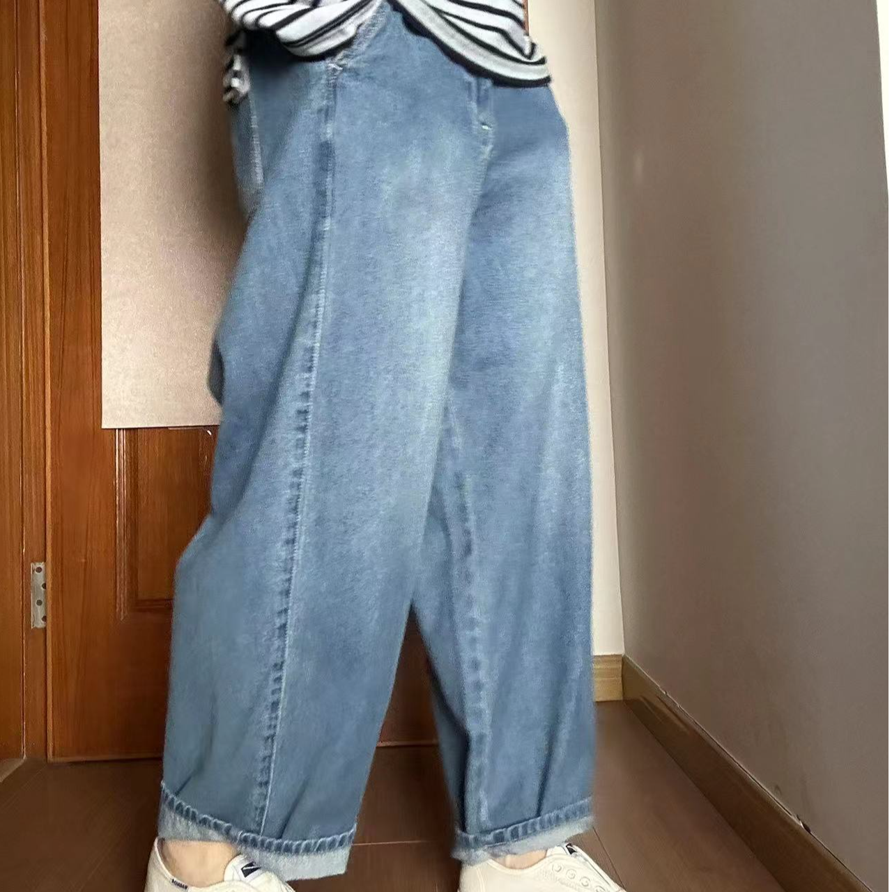 松紧腰牛仔裤蓝色直筒休闲裤水洗韩版